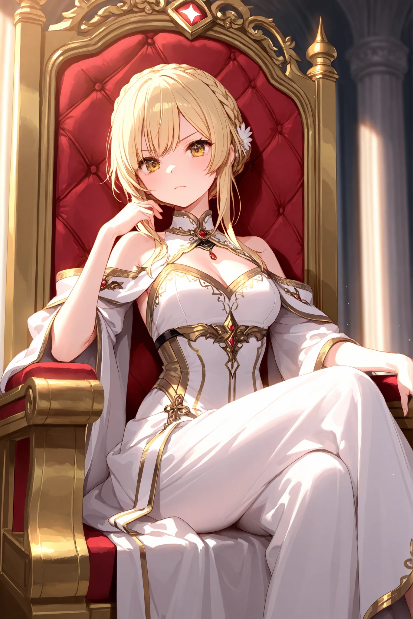 blonde hair、crown braid、air bangs、gold eyes、princess、16 years old、throne room、sitting on the throne、crown、white gown、gold trim、serious、