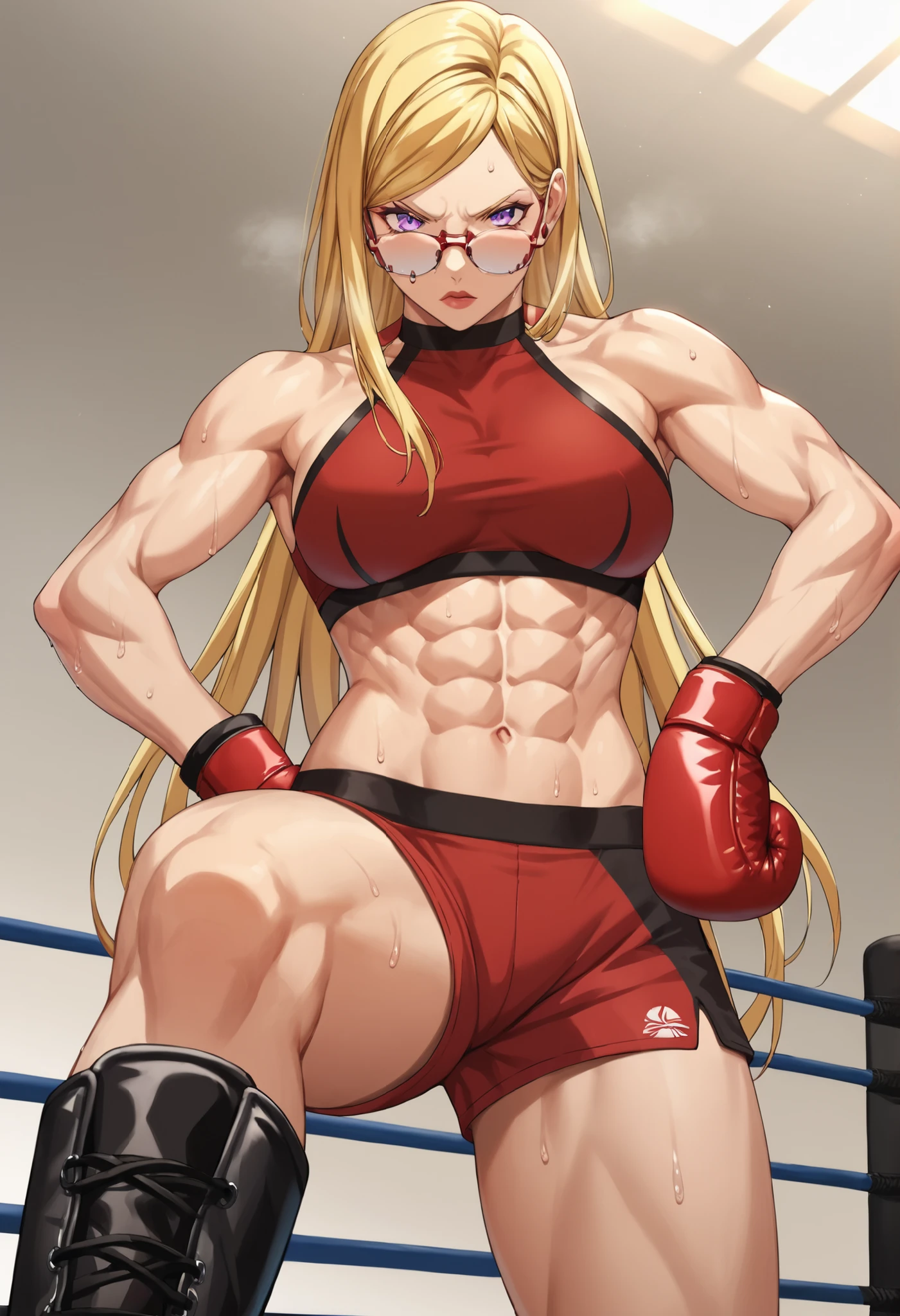 Bishamon, mature, blonde hair, long hair, violet eyes, light red lips, pale skin, abs, eye glasses, red bra, red sleek legging, boxing gloves, black boots, sweat, holding  pose, serious face, long medium shot, gym settings, highly detailed