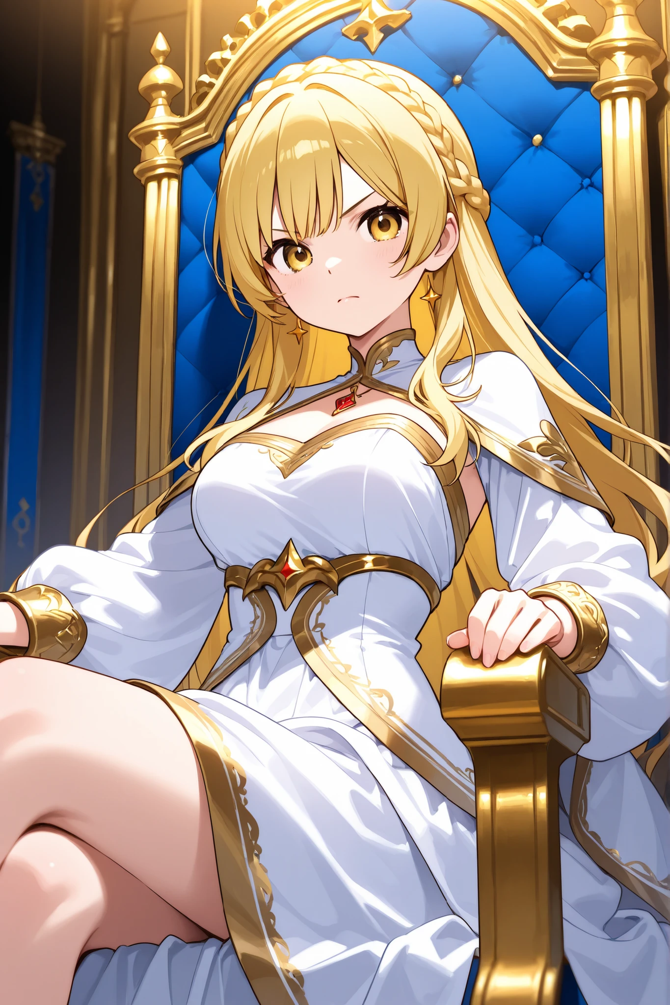 blonde hair、crown braid、air bangs、gold eyes、princess、16 years old、throne room、sitting on the throne、crown、white gown、gold trim、serious、