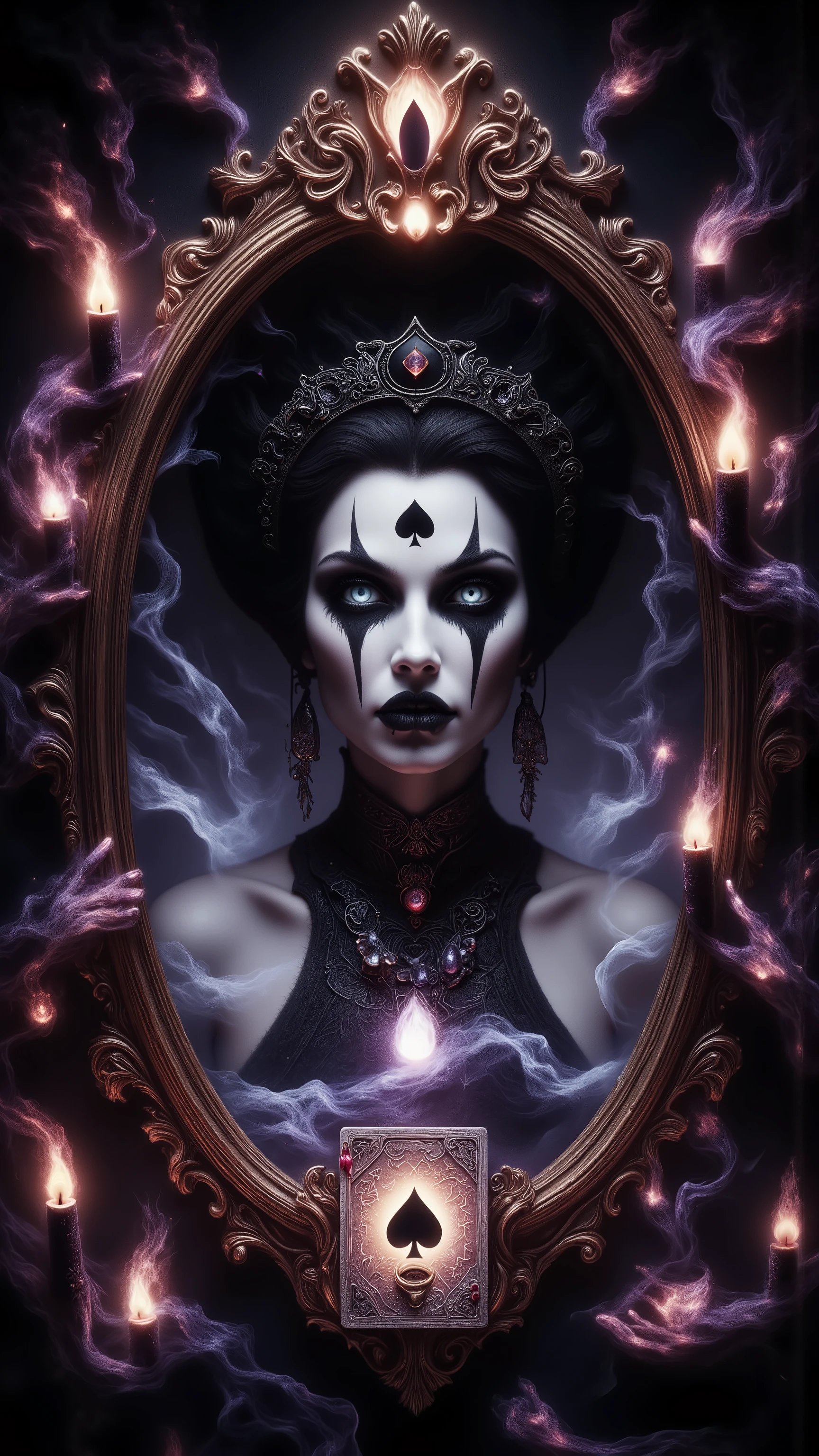 Creepy horror art: malevolent aristocratic specter materializes within a cursed Victorian mirror, channeling the haunting styles of Zdzisław Beksiński, Bernie Wrightson, and Gerald Brom. Her eyes burn with intense hellfire, pupils shaped like inverted spade suits, a terrible grin of a torn mouth, bloody streaks of tears. Her ethereal form radiates sinister darkness, enveloped in writhing shadows and iridescent mist shifting from abyssal black to midnight purple (#191970). spectral gown, adorned with intricate spade suit patterns in blackened silver, dissolves into tendrils of supernatural smoke that twist like tortured souls. elaborate silver tiara bears black diamonds arranged in spade formations. A heavy choker of obsidian and tarnished silver embraces her neck, featuring a large spade-shaped pendant that pulses with unholy light. Her raven-black hair (#000000) writhes like living shadows, intertwining with the surrounding darkness. antique mirror's surface is cracked, each fracture seeping a ghostly luminescence. frame features carved spade suits among twisted baroque elements. scene is illuminated by black candles with blood-red cores (#8B0000), their flames casting an unnatural purple glow (#4B0082). A Queen of Spades card hovers nearby, its edges burning with cold blue fire (#000080). background manifests as a swirling vortex of darkness, occasionally revealing tortured faces and reaching hands in the shadows. entire composition exhibits macabre perfectionism of H.R. Giger combined with gothic horror elements of Wayne Barlowe, rendered in ultra-detailed 8K resolution with maximum horror impact. Dark tendrils of ectoplasmic energy seep from mirror's edges, suggesting a breach between worlds, executed in 8K resolution with pure artistic perfection. breathtaking surreal masterpiece.