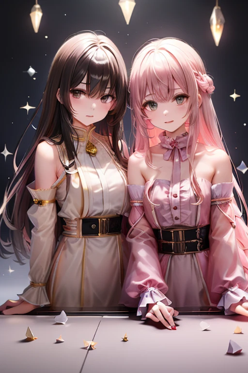 best quality，8K，masterpiece，beautiful girlゲーム，smile，two girls，One side turns its butt forward，smile，beautiful girl，leather jacket，Latest Fashion，beautiful girl，costume，light-novel，Isekai Fantasy，Magical girl，big breasts，Future fashion，uniform，blazer，， girl，Ribbon on uniform，Outstanding style，multicolored clothes，Beautiful girl with psychic powers，long hair，Multicolored hair colors，highest quality，perfect face，hyper real stick，perfect girl，
