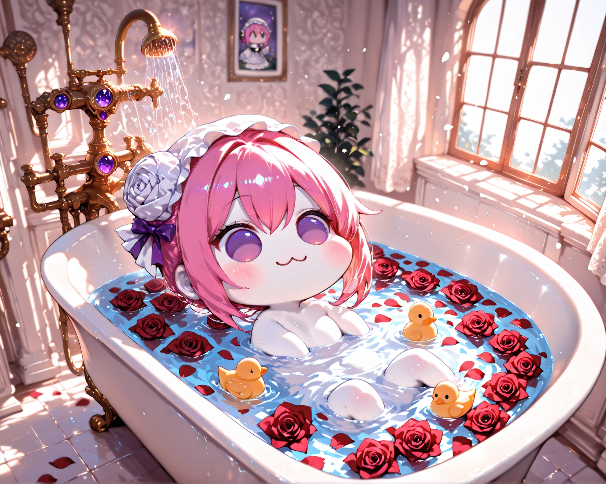 score_9, score_8_up, score_7_up, score_6_up, score_5_up, source_anime, (((absurdres))), (((128K Ultra High Resolution))), (masterpiece, best quality: 1. 5), (high definition: 1, 5), (((highres))), 8K wallpaper, (excellent graphics: 1. 5), CG, (best illustration, highly detailed artwork: 1. 5), (hyper realistic: 1. 5), (((cinematic lighting))), (intricate detail, extreme detailed, super detailed, exquisite details: 1. 5), (beautiful & aesthetic: 1. 5), (((photoreal))), (((very gorgeous & dazzling))), (((solo))), (1 Doro: 1. 5), (cute Doro, small size Doro: 1. 5), Doro, creature, :3, (((chibi))), (((pink hair, purple eyes, hair bun, hair bow, four legs, white skin, solid circle eyes, no pupils, no tail, no eyebrows, no nose, no ears, soft texture))), (pure white body, pure white skin, pure white face:1. 5), (small head: 1. 3), (((Doro sits in a bath and wears a cute shower cap))), (Doro splashing in a luxury clawfoot bathtub filled with petals, Doro covered in rose petals in the bathtub: 1. 5), (many rose petals floating in water, bathtub filled with petals, rose petals: 1. 5), (many roses float around Doro, a rubber duck floats nearby Doro: 1. 5), (((Doro looking relaxed during a bath, happy moments))), (bathroom is decorated with marble walls & gold fixtures, 1 showerhead: 1. 5), ((focused on Doro, wide angle, wide-angle view of a bathroom)), (natural light from window, hyperrealistic, detailed & realistic background: 1. 5)