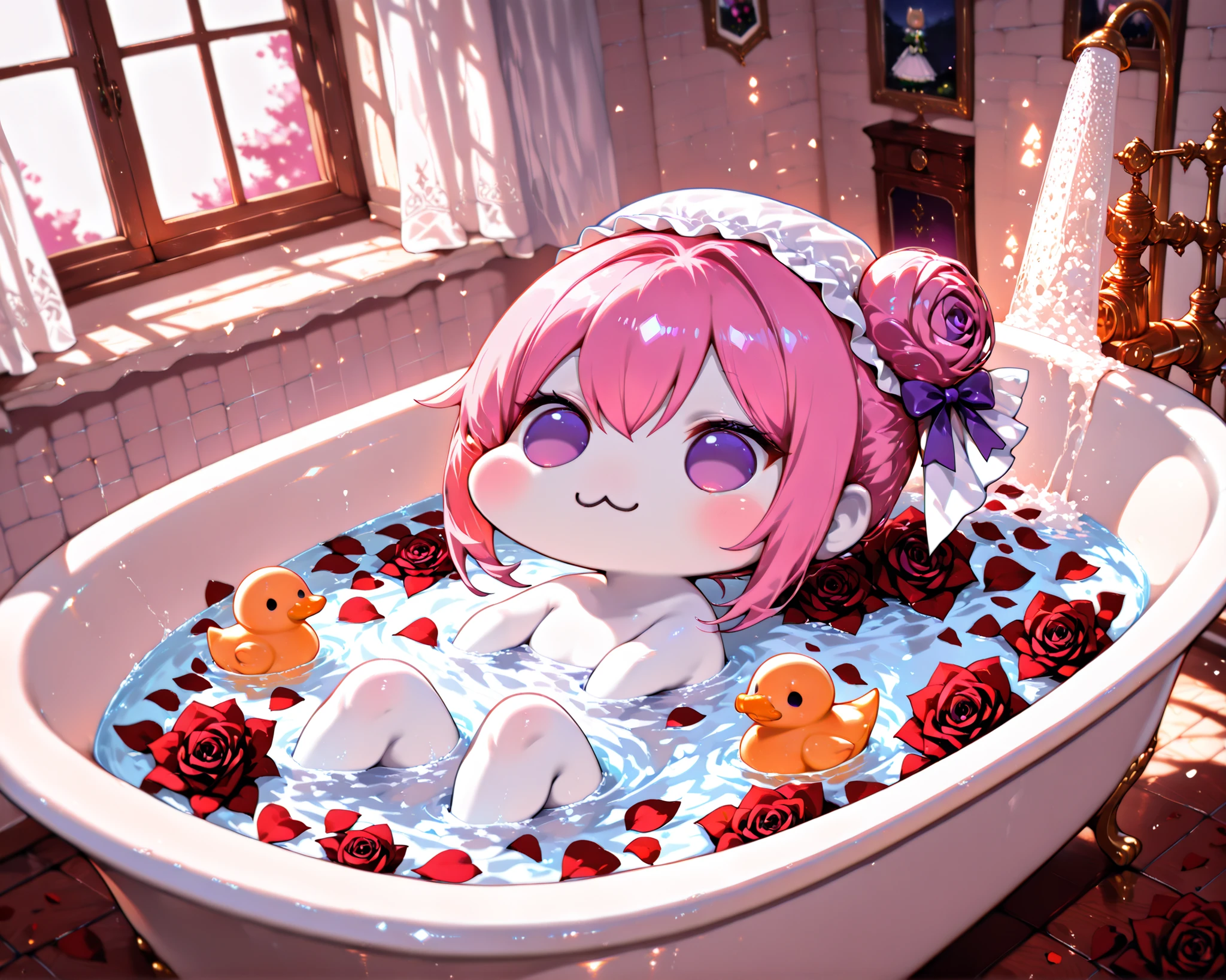 score_9, score_8_up, score_7_up, score_6_up, score_5_up, source_anime, (((absurdres))), (((128K Ultra High Resolution))), (masterpiece, best quality: 1. 5), (high definition: 1, 5), (((highres))), 8K wallpaper, (excellent graphics: 1. 5), CG, (best illustration, highly detailed artwork: 1. 5), (hyper realistic: 1. 5), (((cinematic lighting))), (intricate detail, extreme detailed, super detailed, exquisite details: 1. 5), (beautiful & aesthetic: 1. 5), (((photoreal))), (((very gorgeous & dazzling))), (((solo))), (1 Doro: 1. 5), (cute Doro, small size Doro: 1. 5), Doro, creature, :3, (((chibi))), (((pink hair, purple eyes, hair bun, hair bow, four legs, white skin, solid circle eyes, no pupils, no tail, no eyebrows, no nose, no ears, soft texture))), (pure white body, pure white skin, pure white face:1. 5), (small head: 1. 3), (((Doro sits in a bath and wears a cute shower cap))), (Doro splashing in a luxury clawfoot bathtub filled with petals, Doro covered in rose petals in the bathtub: 1. 5), (many rose petals floating in water, bathtub filled with petals, rose petals: 1. 5), (many roses float around Doro, a rubber duck floats nearby Doro: 1. 5), (((Doro looking relaxed during a bath, happy moments))), (bathroom is decorated with marble walls & gold fixtures, 1 showerhead: 1. 5), ((focused on Doro, wide angle, wide-angle view of a bathroom)), (natural light from window, hyperrealistic, detailed & realistic background: 1. 5)