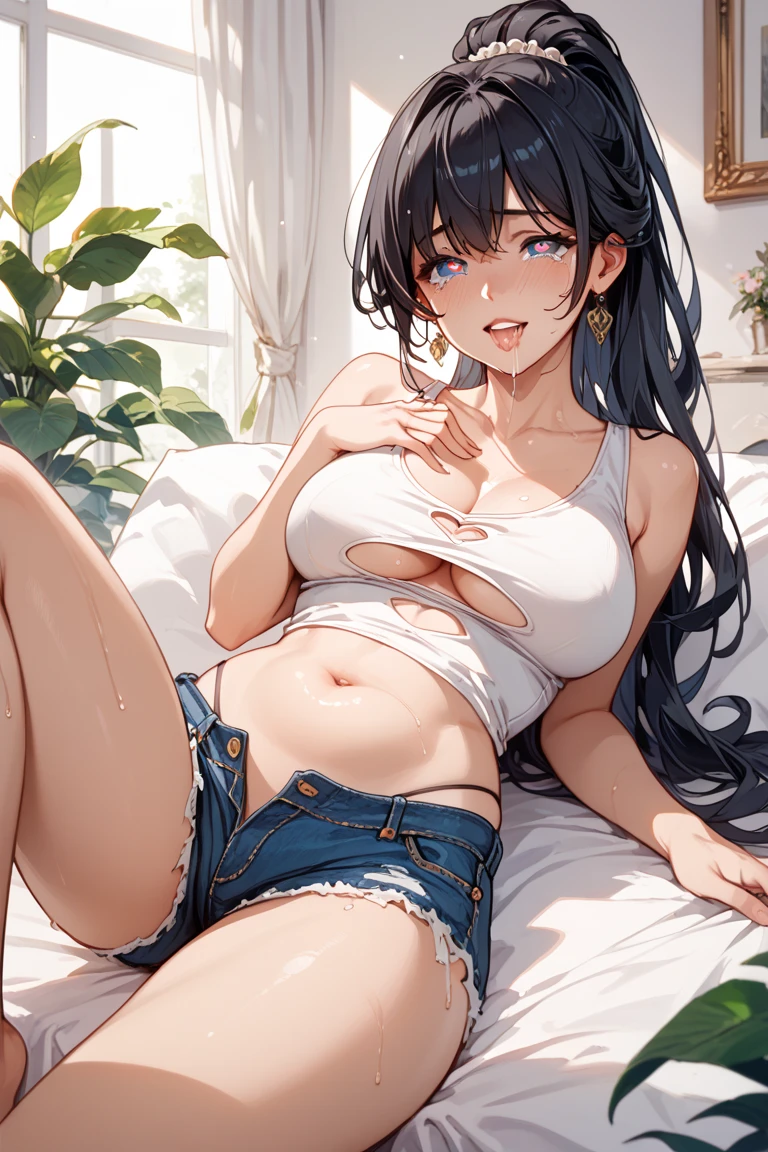 A beautiful woman in lingerie top and denim shorts, smirk, (straight long black hair), earrings , ((black top)), (((Extremely Realistic))),FilmGirl, sexy pose, (thighs, hands), sitting,Extremely Realistic,Split_Pose, (legs), ,photorealistic, bedroom , hourglass figure , very detailed, ((blush))