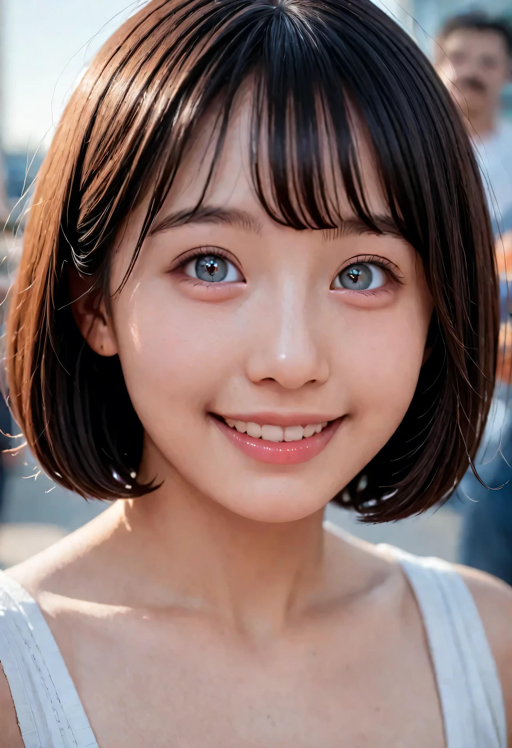 (very detailed}, , {Highest Quality}, {Super High Quality}, {highest resolution}, {{{sharp focus:pupil}}, {{16k}}, {{Realistic and Stunning Portrait of a Japanese High School Student: 2.0}}}, ((bust up:2.0))), {{Happy Smile: 2.0}}, {detailed facial depiction}}, {{detailed eye description, big eyes with double eyelids}}, {Thick Lips:Lipstick}, black hair, 黒いpupil}}}, {Naked High School Girl , Mini Skirt Dress with Lots of Ruffles:18 years old:pale skin:boobs}}, {{ Fairy Inspired Outfit}}, {{Unrealistic fairy-tale space}}, {{))), {very fantastic, depth of field photo}}, {{{Bob hair with trimmed Bang: Home Cut: Bang}}}, {{viewers}},
