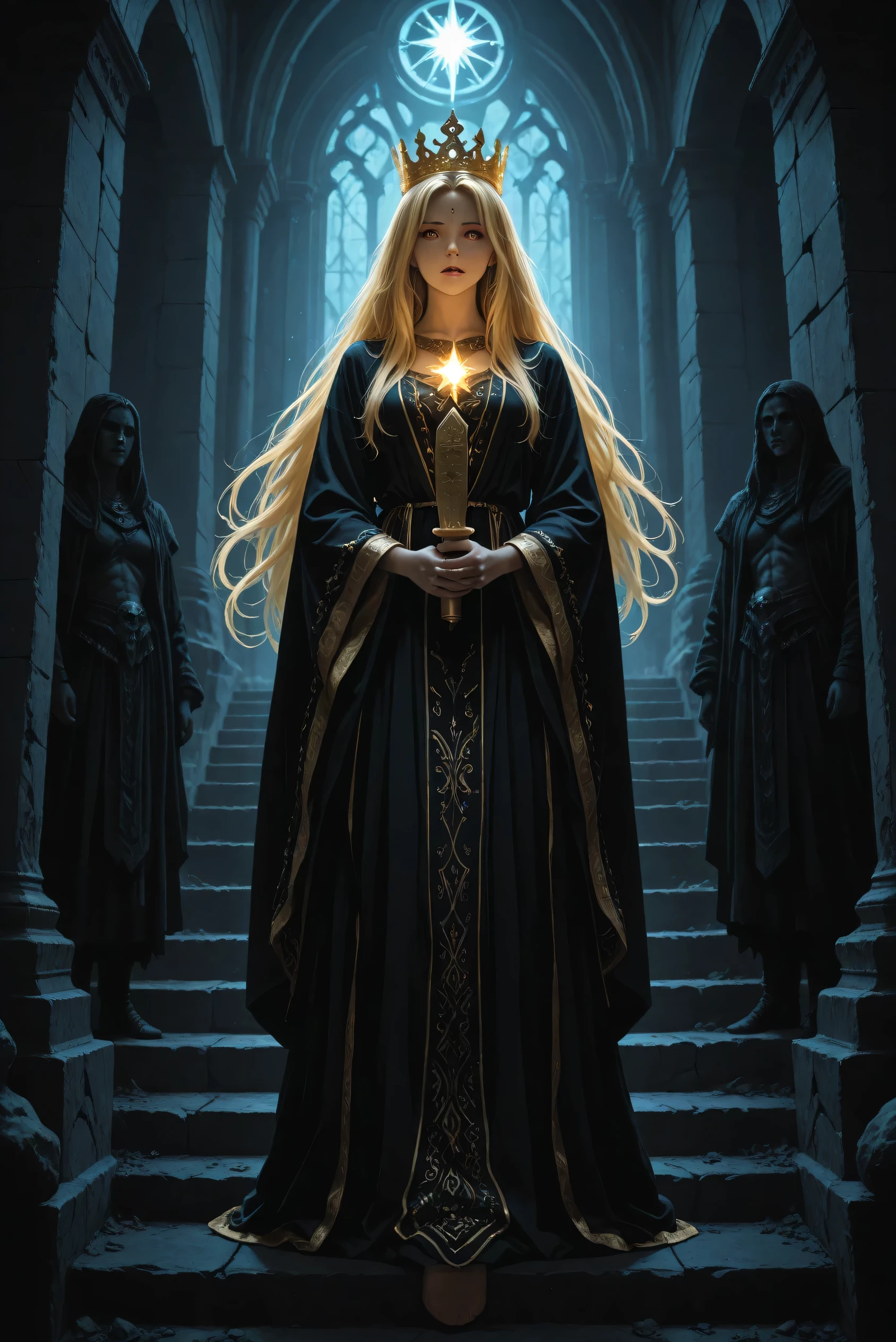 A majestic and radiant Inanna, Sumerian goddess of love, war, and justice, wearing a golden crown shaped like an eight-pointed star and flanked by lions, descends a shadowed staircase into the dark realm of her sister Ereshkigal. She is adorned in layered, shimmering robes with intricate Mesopotamian patterns, her eyes fierce yet sorrowful. The background transitions from the golden light of the upper world to the black, oppressive gloom of the underworld, with ghostly figures and ancient cuneiform carved into basalt walls. Her hands hold symbols of power — the ring and rod of kingship — as spectral gates of seven layers loom ahead, each guarded by spirits. The atmosphere is mythic, mysterious, and richly detailed, blending historical Mesopotamian art with epic fantasy realism.