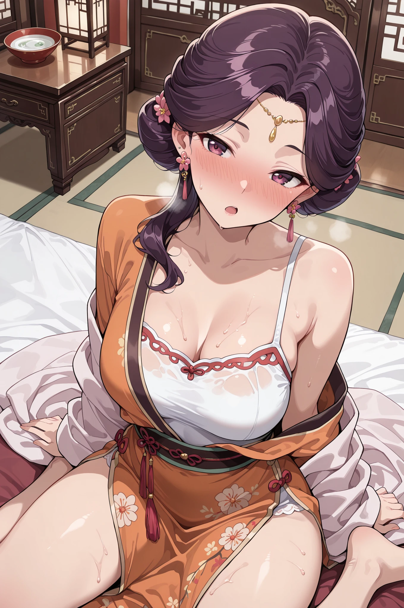 masterpiece, best quality, amazing quality, very aesthetic, intricate details, highly detailed background, 1girl, solo,
KJOyinghua, purple hair, purple eyes, hair flower, updo, earrings, hair over shoulder, yellow forehead jewelry,
orange Chinese dress, sweaty, off shoulder, loose clothes,
wariza, drunk, blush, head tilt, open mouth, from above, hot,
Chinese old bedroom
(Beautiful, medium Breasts:1.2), mature female,