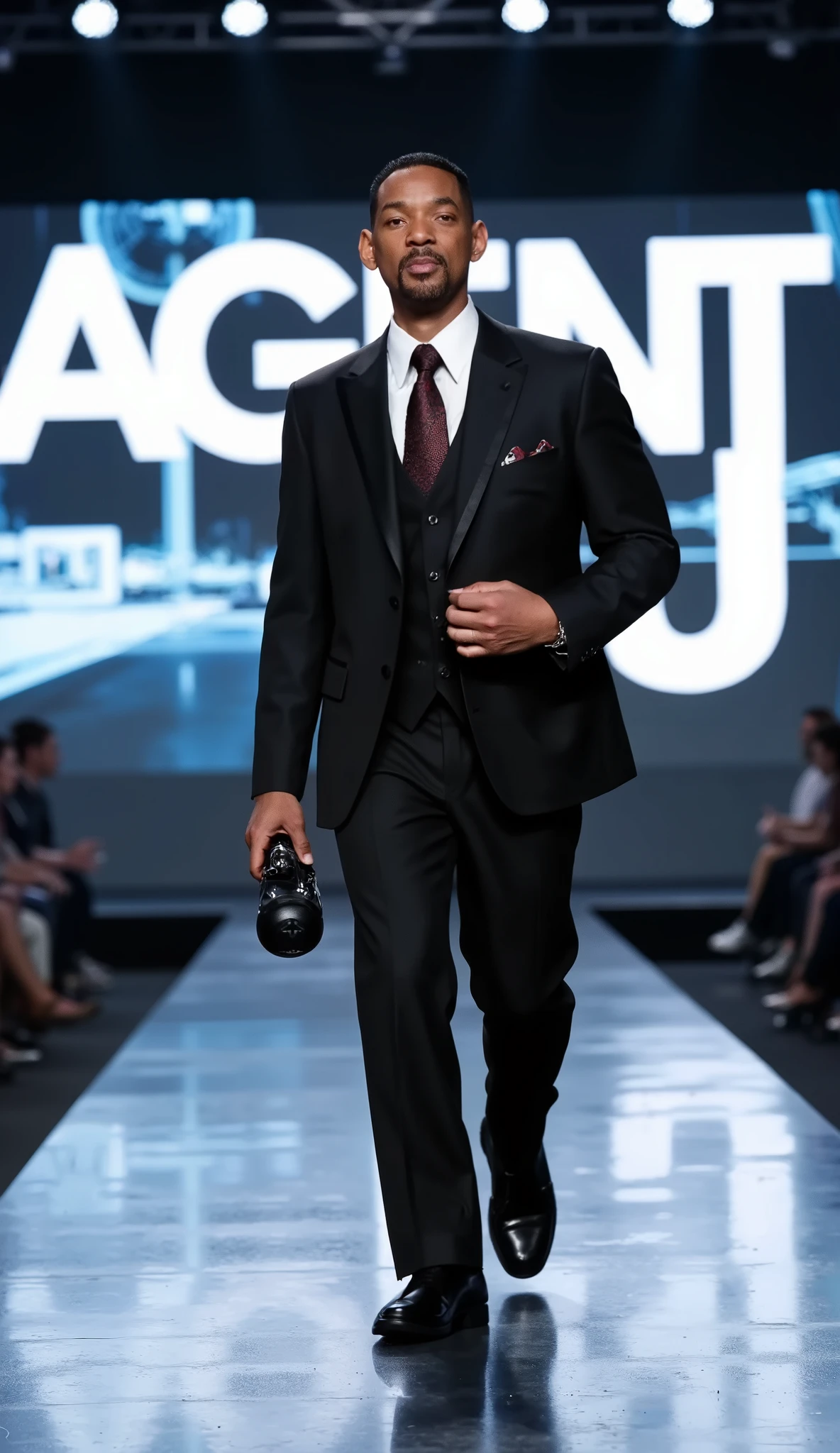 Ultra-realistic 4K cinematic portrait of Will Smith as Agent J from Men in Black, walking toward the camera on a fashion show runway, upper body focus, wearing a sharp black suit with silk lapels, white shirt, black tie, and dark sunglasses, holding a Neuralyzer device, confident and cool expression. Background features a futuristic runway stage with bright white and blue spotlights, subtle lens flares, and a massive LED screen displaying "AGENT J" in bold glowing silver letters. Cinematic depth of field, ultra-sharp suit textures, photoreal lighting, stylish atmosphere.