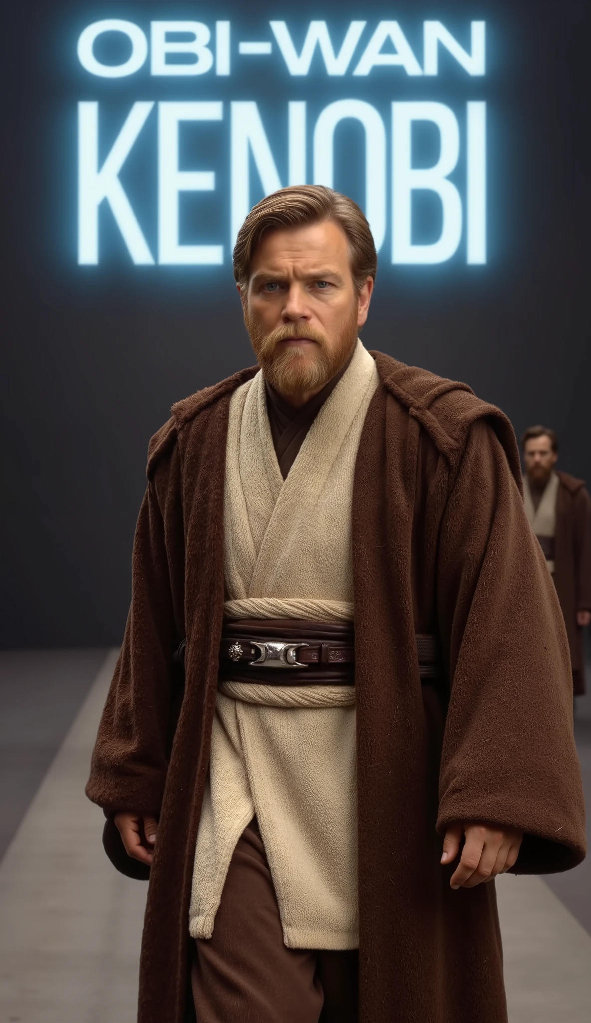 Ultra-realistic 4K cinematic portrait of Ewan McGregor as Obi-Wan Kenobi, walking toward the camera on a fashion show runway, upper body focus, wearing detailed Jedi robes with textured brown fabric and inner cream tunic, lightsaber hilt visible on his belt, calm yet determined expression. Background features a mystical runway with soft golden and blue spotlights, subtle mist, and a massive LED screen displaying "OBI-WAN KENOBI" in bold glowing blue letters. Cinematic depth of field, hyper-detailed fabric textures, photoreal lighting, epic and heroic atmosphere.