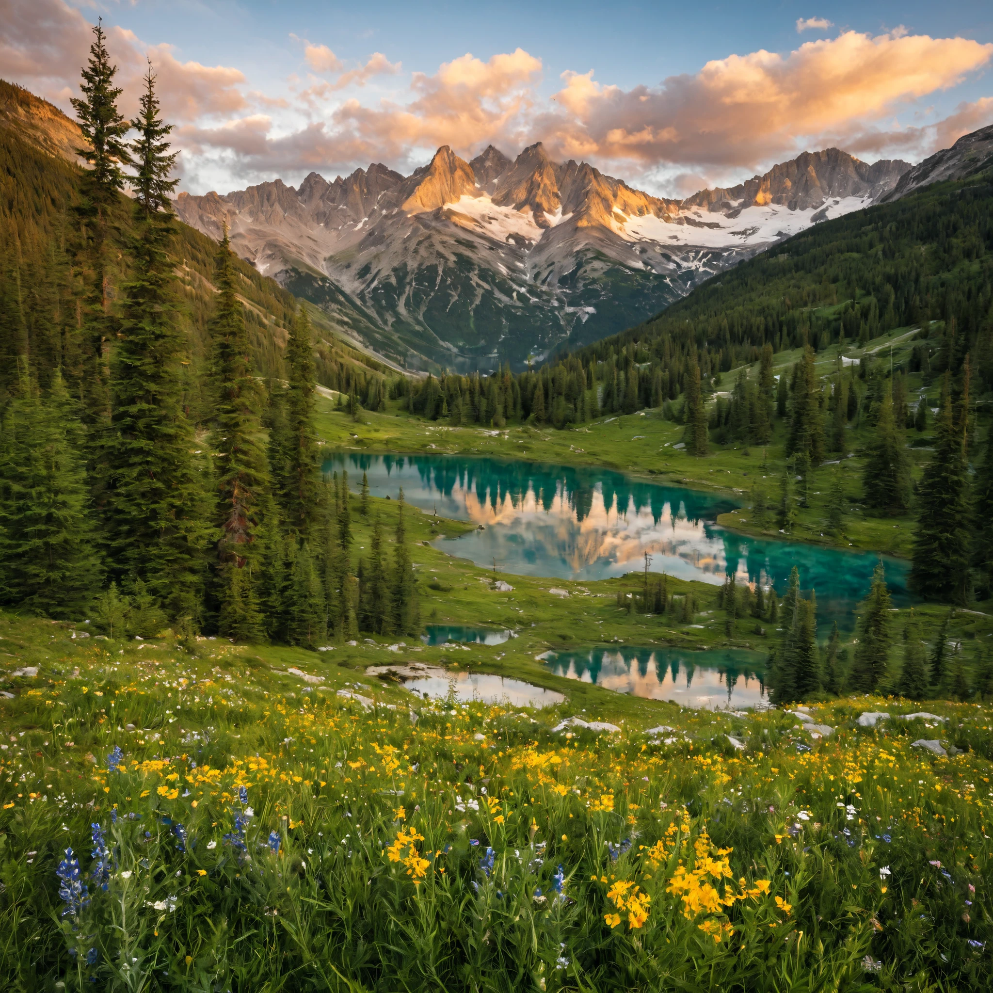 Beautiful natural landscape, pristine mountain lake reflecting snow-capped peaks, ancient pine forest surrounding crystal clear water, golden hour lighting casting warm amber glow across the scene, dramatic clouds painted across azure sky, wildflowers in vibrant colors dotting the foreground meadow, serene and peaceful atmosphere, photorealistic style with cinematic composition, professional landscape photography, ultra-detailed nature scenery, perfect balance of light and shadow, harmonious color palette of emerald greens, sapphire blues, and golden yellows