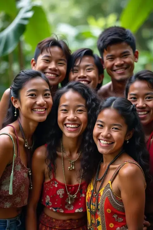 Filipina girl smiling and laughing with friends while hiking in mountains