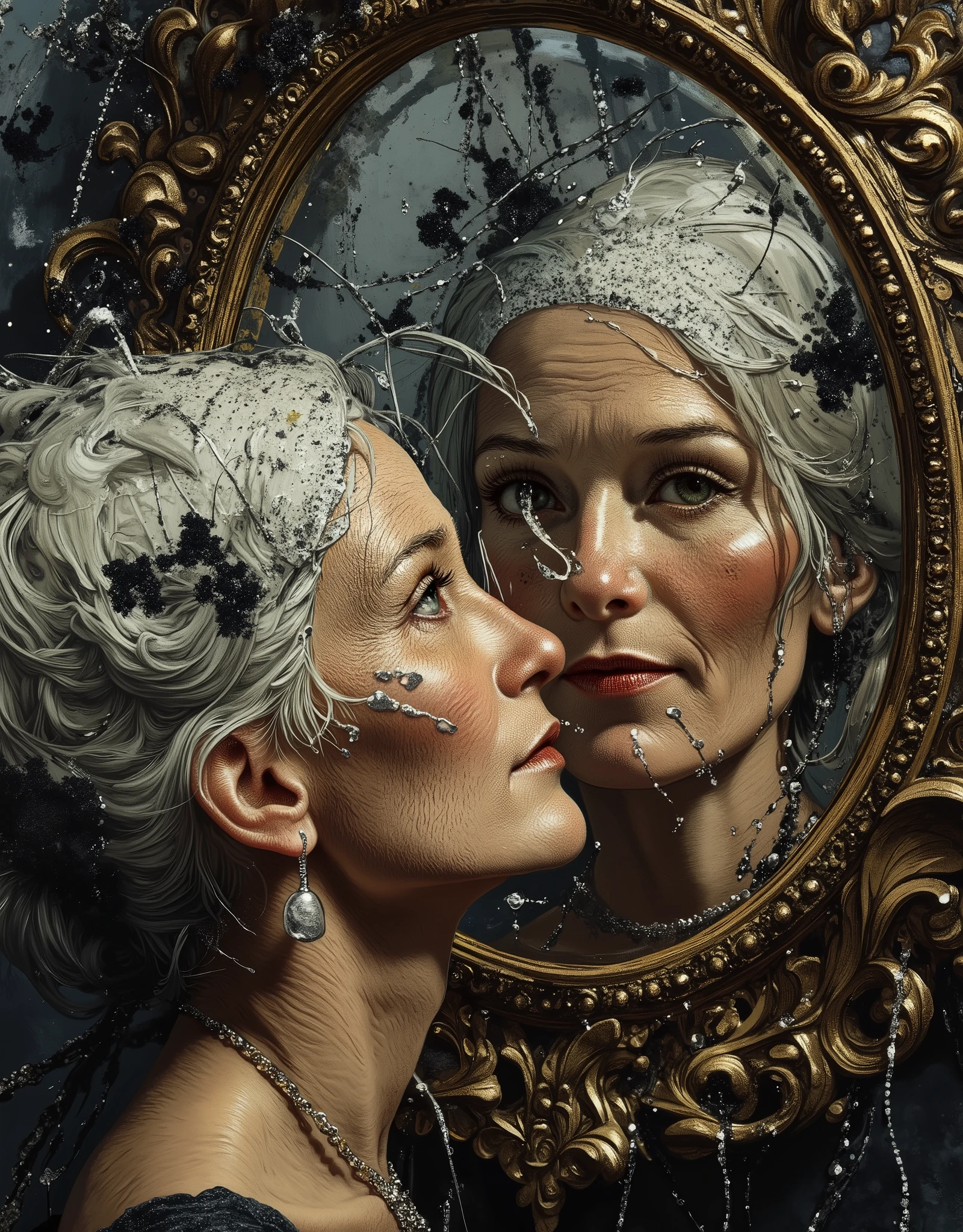 Oil on canvas, (Face in Mirror: 1.7), is looking in the mirror of the old woman's face, but in the mirror appears the face of a young woman, close-up, showing the relentlessness of the years and changes, but every woman will only remember her younger self, black ink drips, glossy drips of flowing ink, bubbling churning abstract flowing liquid watercolor, mixing colorful watercolors, old vintage magazine layouts, abstract dark colors fashion, modern fashion magazine cover, glossy glittery water, hyper realistic detail, hyper realistic gorgeous intricate detail photo