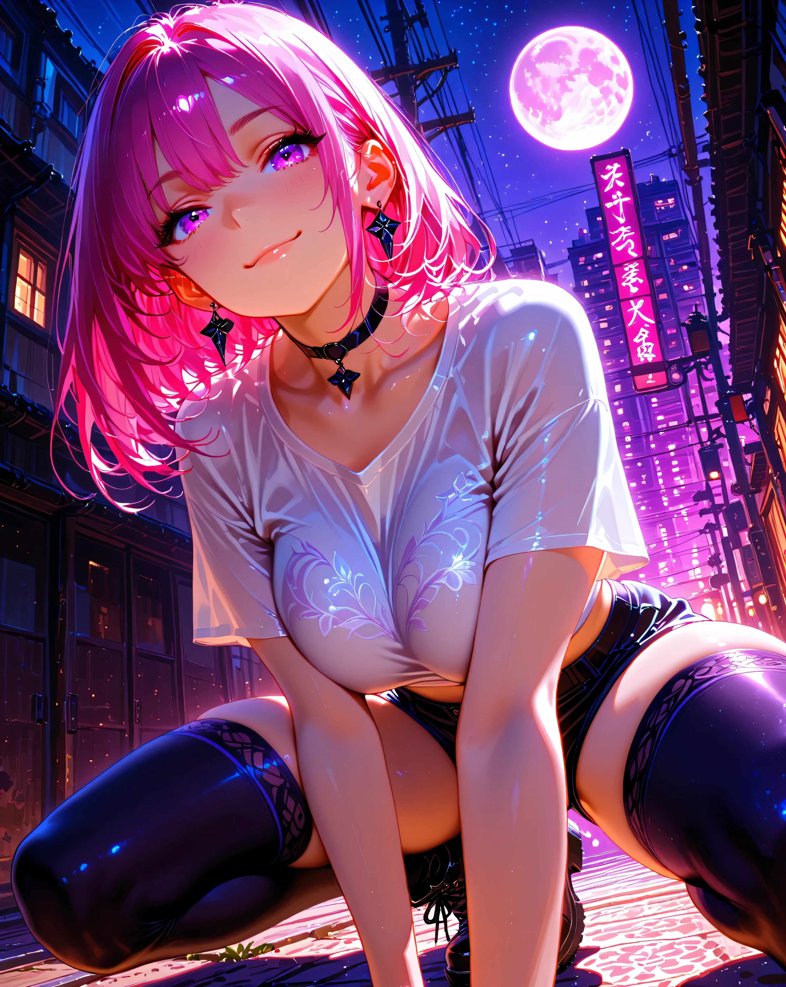 masterpiece, best quality, amazing quality, very aesthetic, high resolution, ultra-detailed, absurdres, newest, 1 beautiful woman, solo, pink hair, purple eyes, smile, beautiful iris, large breast, smooth skin, Japanese traditional patterned cropped shirt, Hot pants, black choker, over Knee High socks, dynamic pose, front lighting, soft shadow, background vacant buildings AND moon, early hours, foreshortening, extreme perspective, dynamic lighting, HDR,