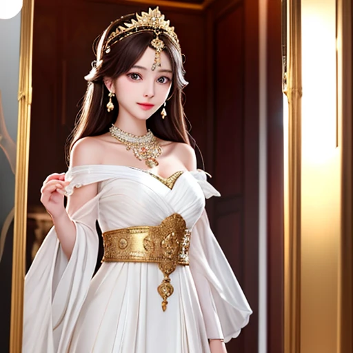 There is a woman wearing a white dress and a tie, Beautiful Fantasy Empress, ((Beautiful Fantasy Empress)), Beautiful and elegant elven queen, Inspired by Run In, Beautiful fantasy maiden, Beautiful character drawings, Fantasy art style, Beautiful maiden, Inspired by Shim Sa-jeong, palace ， Girl in Hanfu, Ancient Chinese Princess
