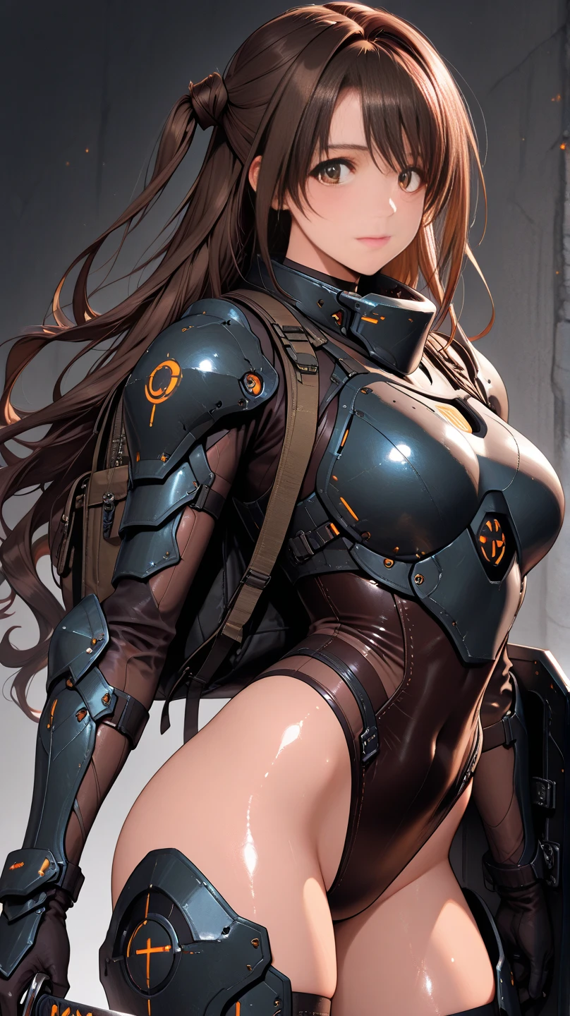 arafed woman in a black and gold latex outfit posing, oppai cyberpunk, gynoid cyborg body, cybersuit, beautiful alluring female cyborg, beutiful girl cyborg, girl in mecha cyber armor, beutiful white girl cyborg, biomechanical oppai, seductive cyberpunk dark fantasy, cyberpunk bodysuit, cyberpunk glossy latex suit, wearing techwear and armor,full body,exposed breast,nude