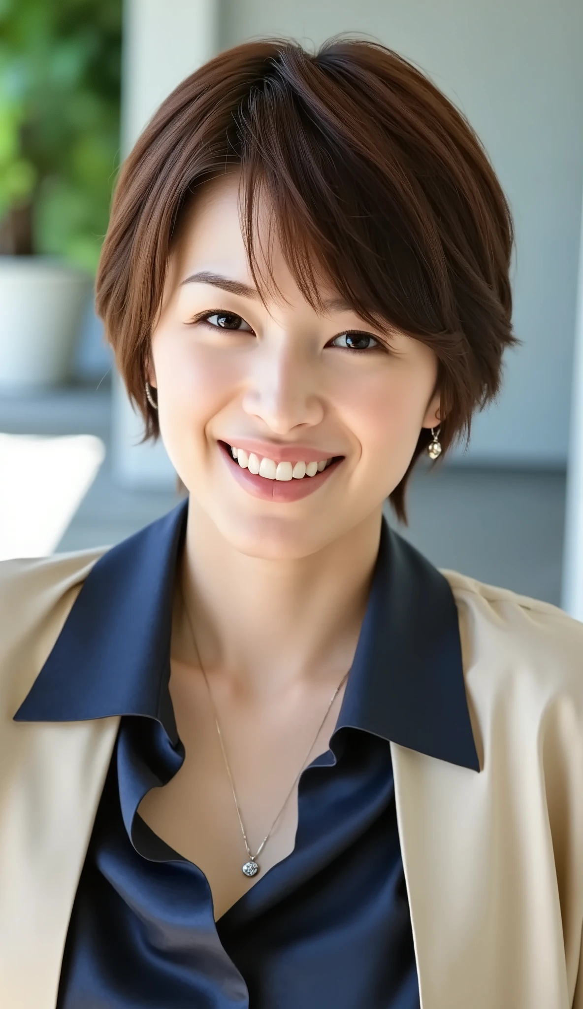 Neat Young Woman、looking at the camera、office lady suit、jacket、shirt、necklace、Ear piercings、、、、Bust Up Shot、necklace、smile showing teeth、The background is office