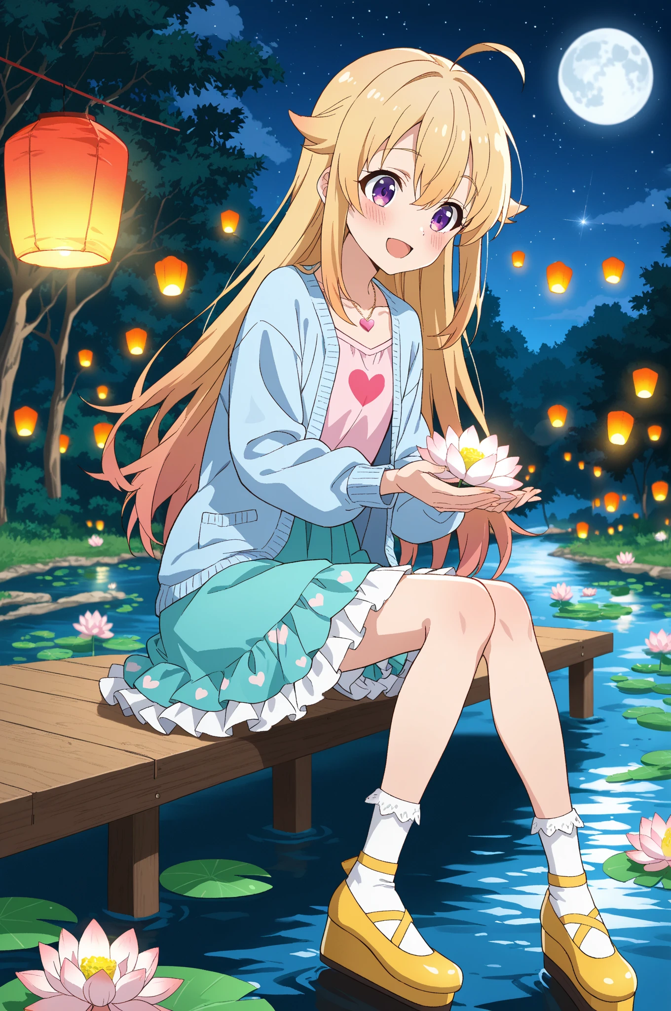 masterpiece,best quality, girl,blush,smile,yellow celestial maiden robe,floating feather ,close up<lora:celestial_maiden_robe:0.7>,cloud,forest,pond,walking on water surface,moonlight,fullmoon,firefly