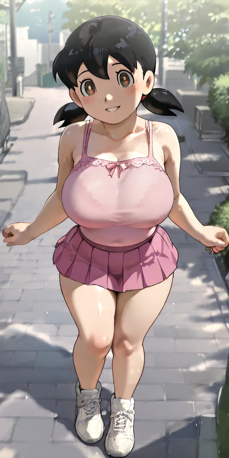 (masterpiece, best quality:1.2), solo, 1girl, yunyun, smile, looking at viewer, arms behind back, crown braid, hair ornament, hair bow, tight shorts, sport bra,  natural breasts, huge breasts, huge ass, huge thighs, narrow waist, wide hips, thick thighs, curvy, cleavage, outdoors, village