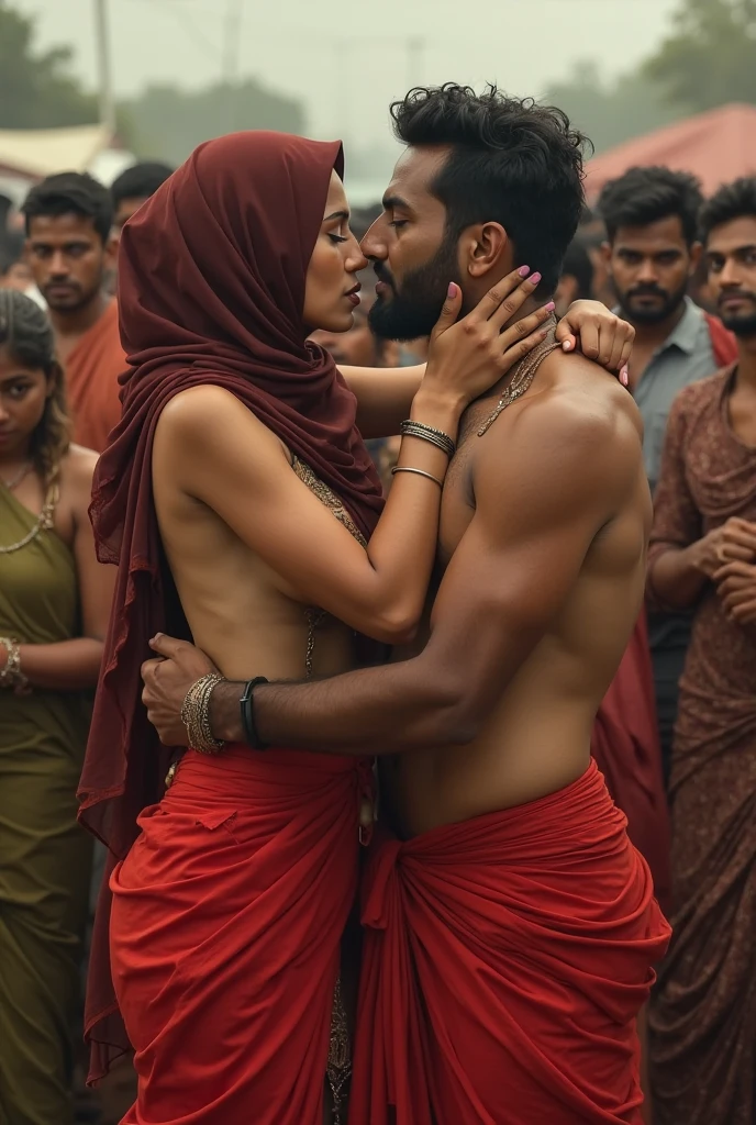 Muslim women wearing black hijab saffron saree , muscular Hindu pandit, kissing in political rally for bjp