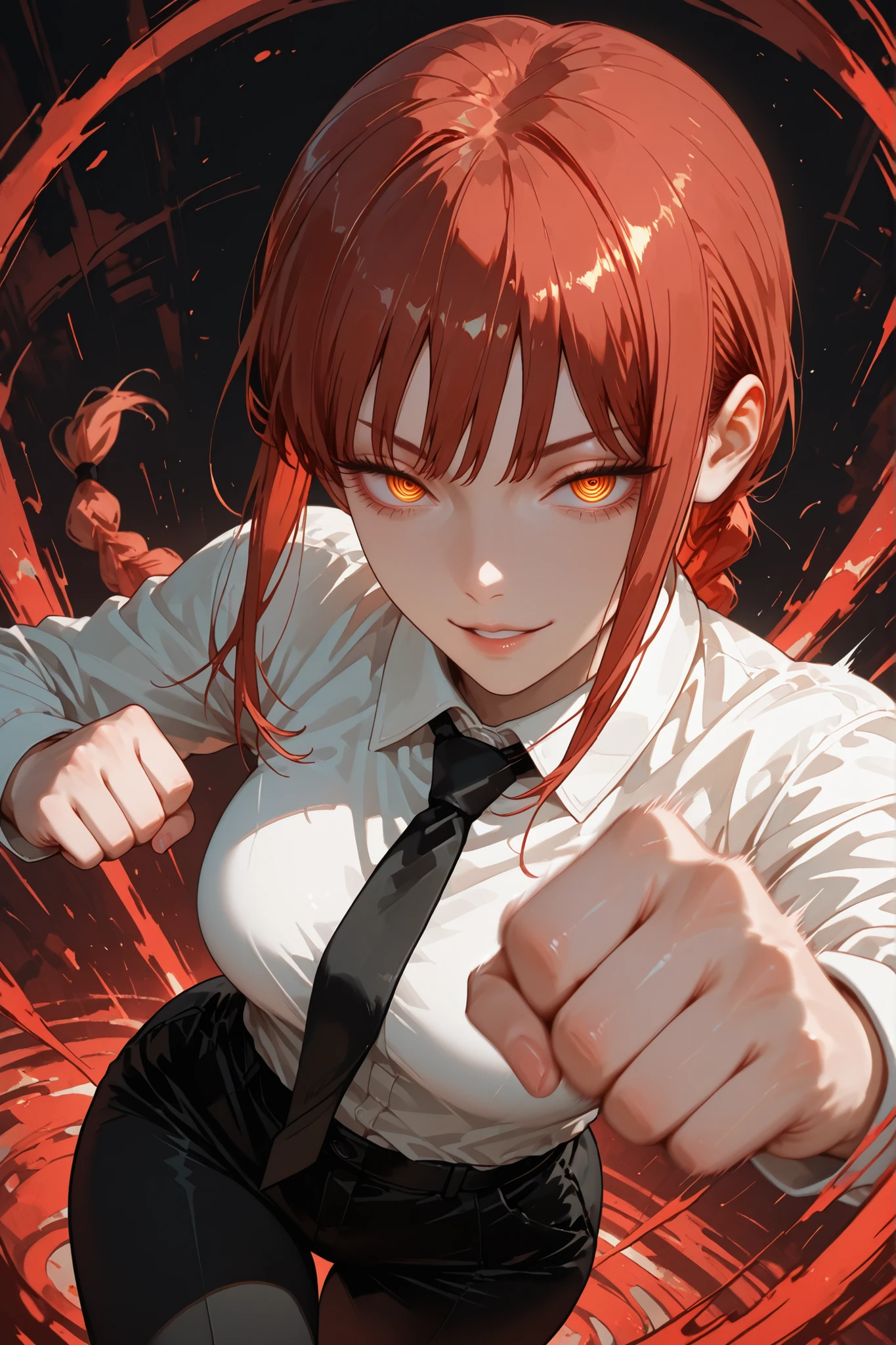 1girl, makima (chainsaw man), red hair, ringed eyes, braided ponytail, solo, black necktie, shirt, collared shirt, black pants, good anatomy, standing, abstract background, sensual look, sexy, attractive, looking at the viewer, detailed hands, dynamic fighting pose, sensual pose, arm movements, punching the viewer, cinematic angle, action scene, motion lines, motion blur, motion effect, parted lips, smirk, close up, provocative, top quality, supreme masterpiece, ultra detailed, very aesthetic