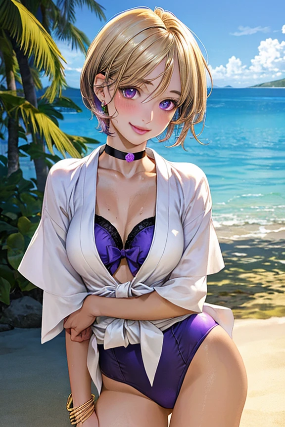 (masterpiece:1.2, Highest quality), (Realistic, photoRealistic:1.4), Beautiful illustrations, (Natural Side Lighting, Cinema Lighting), 
View your viewers, Cowboy Shot, 1 girl, Japanese, Idol Sculpture, high school girl, Perfect Face, Cute and symmetrical face, Sunburn, Glowing Skin, thin, 
(short hair:1.2, Pixie Cut:1.2, Blonde), Parted bangs, Golden Eyes, Long eyelashes, (Large Breasts:0.6), 
Beautiful Hair, Beautiful Face, Beautiful attention to detail, Beautiful clavicle, Beautiful body, Beautiful breasts, Beautiful thighs, Beautiful feet, Beautiful fingers, 
((Purple Swimsuit), Black choker, Wrist Chakra), 
(Beautiful views), Tropical beach, Raise the hand, (Cute smile, Upward glance),