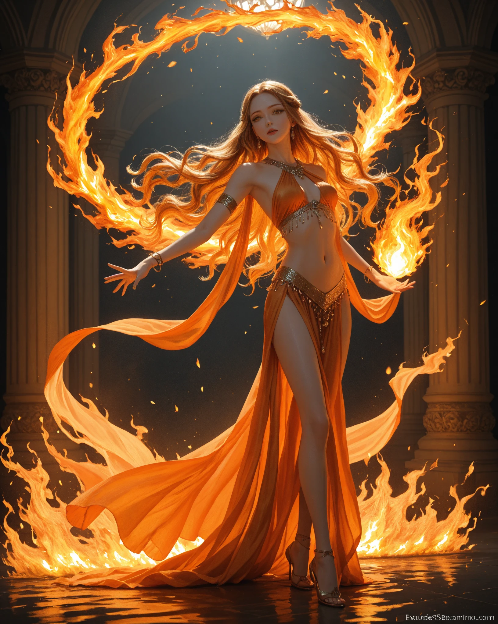 3D, Summer goddess, stunning, surrounded by orange flames, very pale skin, blue eyes, beautiful, alluring, powerful, fire sparks. Style by Steve Hanks, Vladimir Volegov, Jacek Yerka.