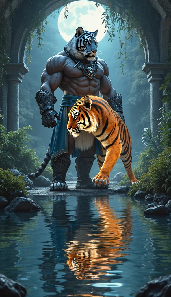 ((best quality)), ((masterpiece)), (ultra detailed), perfect face,(sharp eyes),sharp focus, (by null-ghost,by traver009,by lindong,by pino daeni),  (male anthro black panther):1.9, ((black fur)), ((black belly)), sharp eye,ultra-detailed eyes, Beautiful and delicate eyes, exquisite eyes,(golden):0.1 eyes, ((fluffy fur, fluffy, furry body)),((long white loincloth), with yellow pattern):0.8, muscular male , (wearing random pattern necklace), smile, (bulge), reflection, sexy body, middle-age, strong, looking at view, (((sfw:1.5))), big fellow, (huge body, abs, strong muscle, 8 pack), , tougue out, claw, pink , handsome,  ((leopard fur pattern)), majestic, barbarous, Delicate canine teeth, anime, hairy, male, by the waterfall , full body view