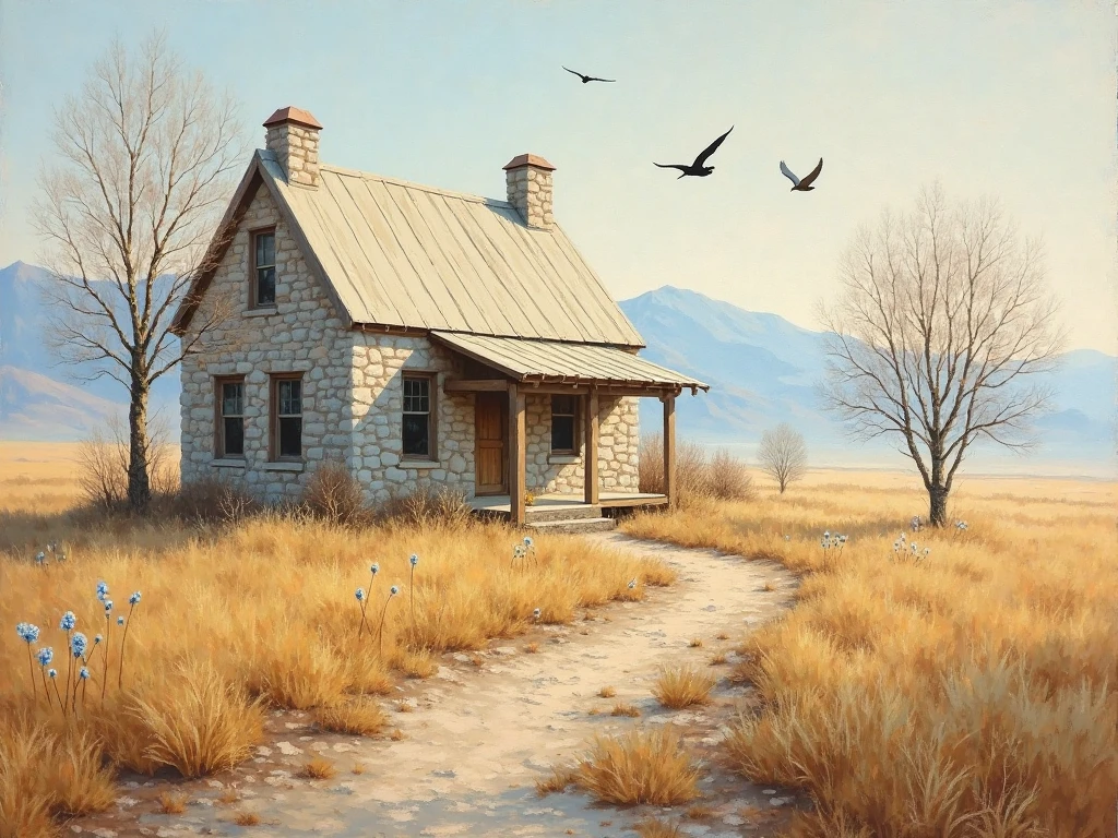 The oil painting depicts a rustic stone farmhouse on a golden - SeaArt AI