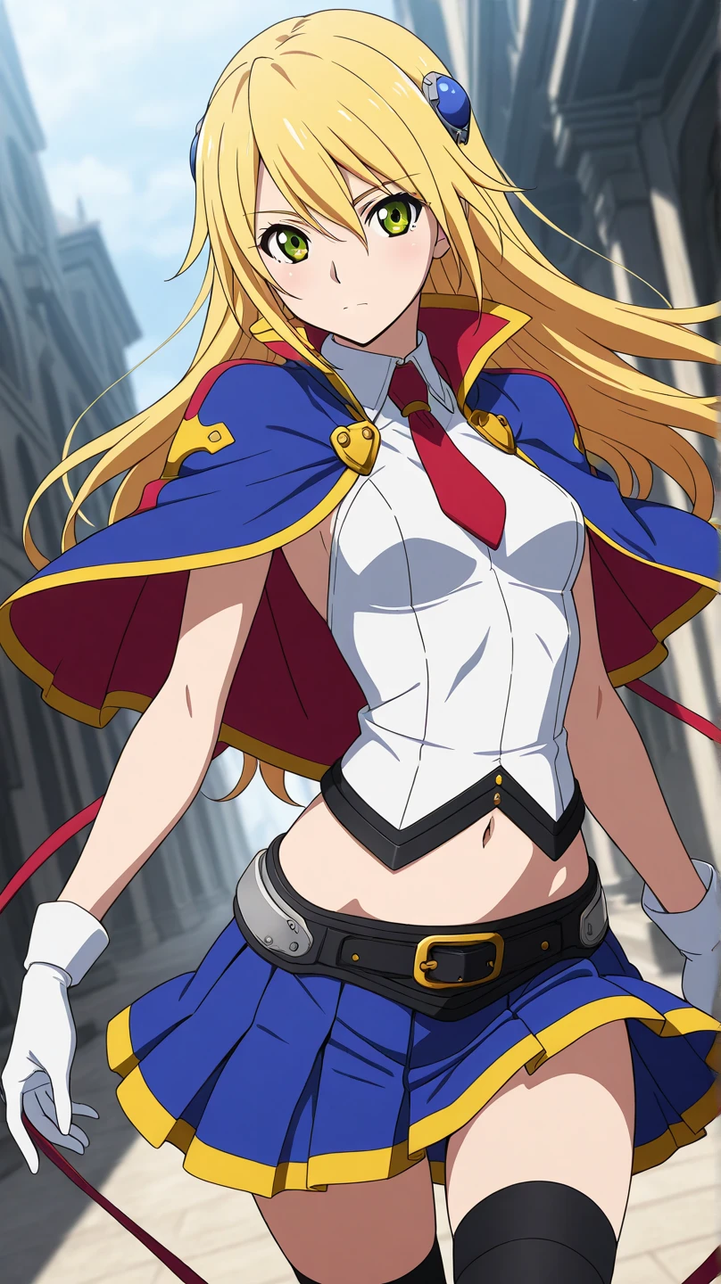 (blazblue:1.0), (masterpiece:1.2), (best quality:1.2), (highres:1.2), (((glowing eyes))), solo, noel vermillion, ((green eyes, blue eyes, heterochromia)), blonde hair, long hair, small breasts, collared shirt, white shirt, white gloves, bare arms, (blue capelet:0.9), ((upper body)), serious,<lora:noel vermillion chronophantasma:1.0>