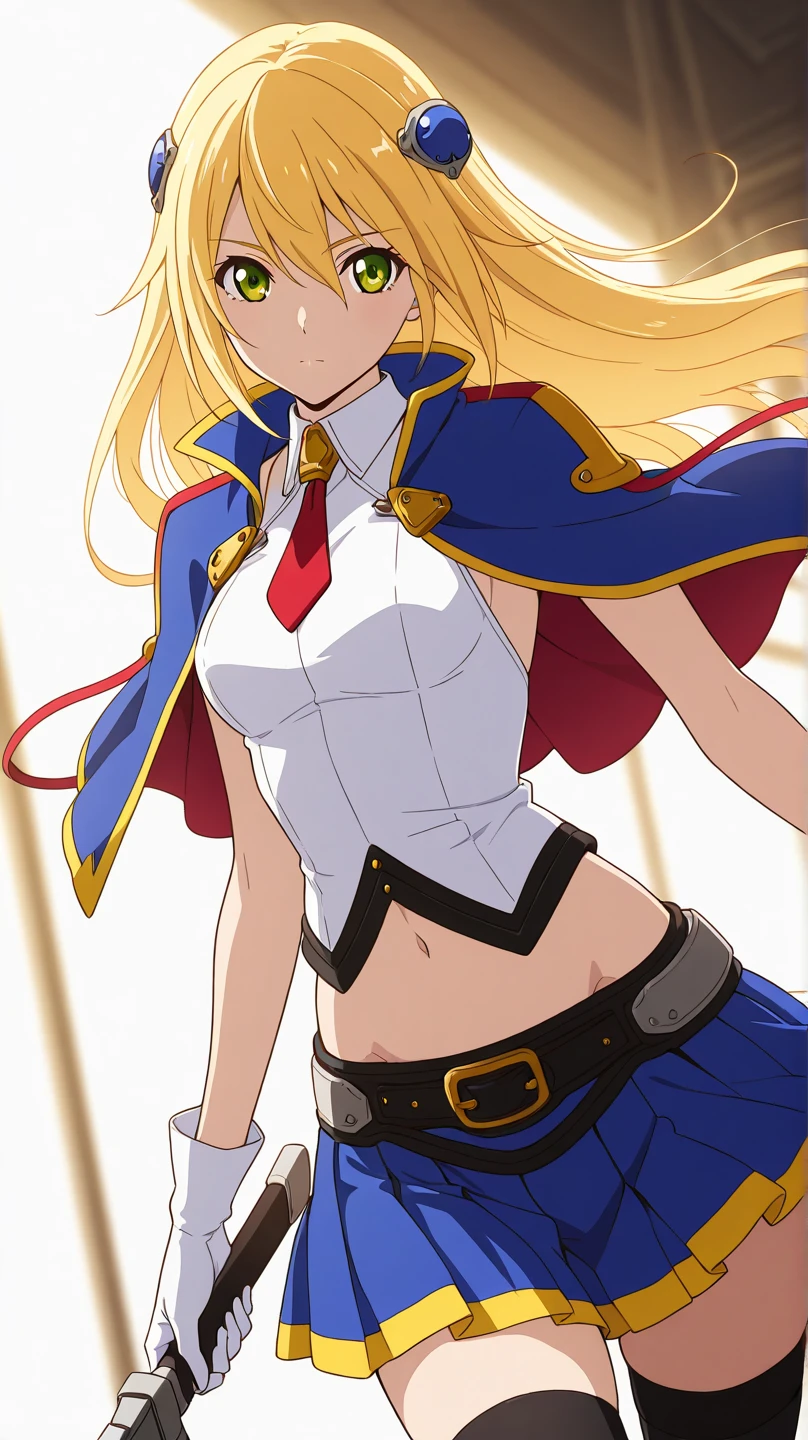 (masterpiece, best quality, high resolution),cowboy shot, 1girl, noelms, long hair, thighhighs, skirt, navel, cape, gloves, hair ornament, belt, necktie, black thighhighs, white gloves, midriff, bare shoulders, miniskirt, pleated skirt, zettai ryouiki, shirt, sleeveless