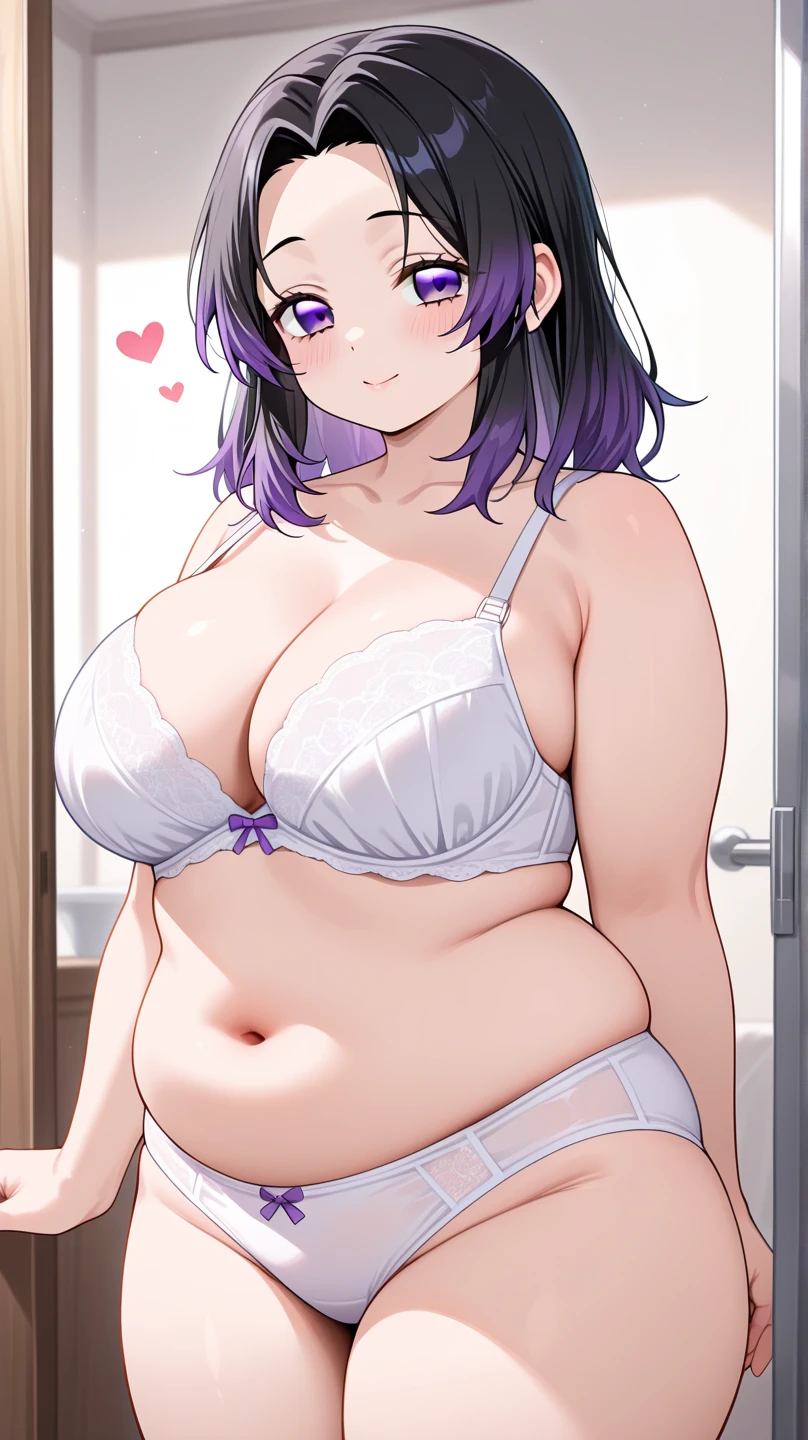 Angle from behind、turn around、smile、Mash Kyrielight、Ultra-detailed illustrations、Ultra-precise expression、masterpiece、Highest quality、ultra High resolution、High resolution、Hiromitsu Takeda Style、White background、Simple Background、whole body、One girl、soght purple hair、light purple hair、short hair、hair over one eyes、White camisole、White dress、Frills、Purple panties、Beaded Panties、Open your mouth、Erect nipples、Choker of Hearts、White Breath、Sweat、Glowing Skin、shiny skin、View your viewers、stand、barefoot、Butt、