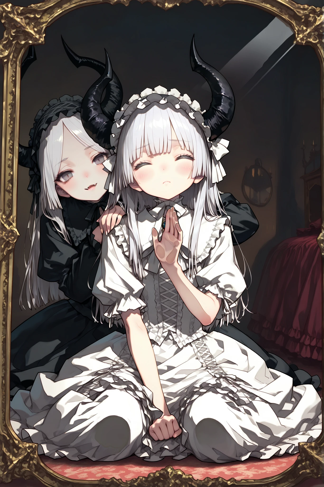 score_9, score_8_up, score_7_up, score_6_up, score_5_up, source anime, BREAK, looking at viewer, realistic background, indoors, hallway, corridor, chandelier, tables, chairs, , plants, (dark skin), white hair, red eyes, (angel), petite, (maid), black maid outfit, (sideboob), shy, embarrassed, blush, smile, lusty, trembling, heavy breathing, ((crawling, all-fours)), crooked glasses, <lora:OldAnimeStyle_PonyXL_v3:0.5> <lora:Morry:1>