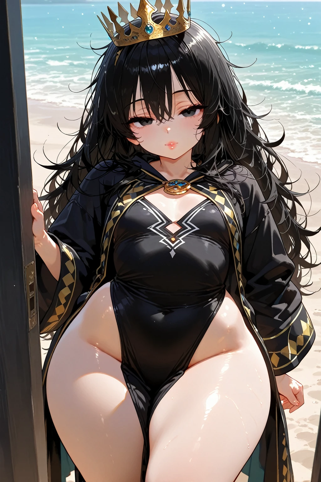 woman,Twenties,sexy,in the desert,black bikini,huge breasts,one leg raised,Standing on one leg,long black hair,Jackal ears,White-dissolved skin