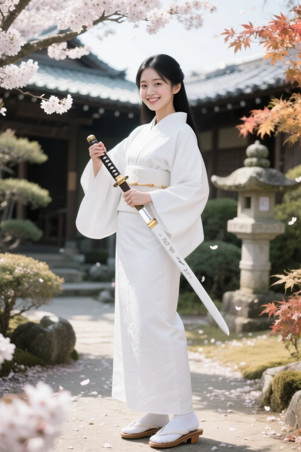 swordsmen，Hakuba，White robe white，long whitr hair，Ancient buildings，deep mountain，Tall and tall，Slender physique，Full body photo