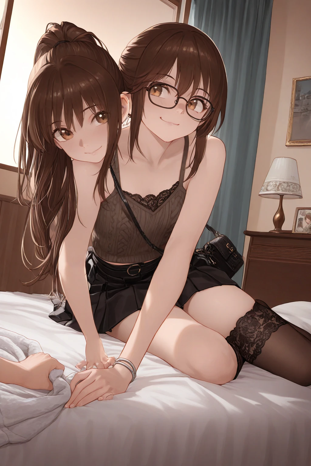 ultra-detailliert, Best Quality, High resolution, ((Two cute girls with dark hair are lying on their backs in bed and hugging each other)), Pretty eyes、Looking at Viewer, pale skin, Petite,(negligee)、(I'm not wearing panties)、(flat chest), (Glasses), (blush:1.2), Blue eyes, An embarrassed smile, NSFW, Focus on the face、