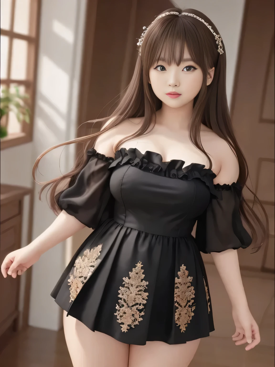 (Highest Quality)、masterpiece、hyperrealism、Great highlights、Princess、 featuring a woman with sex appeal、I'm looking at myself in a broken mirror、 Mysterious expression、The girl in the mirror is an enchanting witch、 Glossy Brown Hair 、middle twin tail、cute、lips、 colorful dress、belly button、Panchira、Chubby Glowing Thighs、amazing beauty、 Taken with X-T4,85mm,blurry background,
