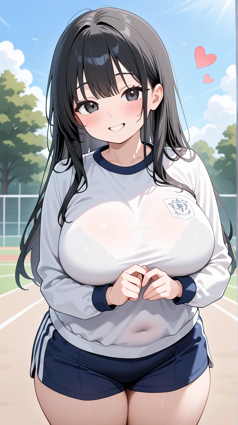 Score_9, BREAK 1girl, solo, Koyomi Mizunose, aohimo Familia style, black hair, hime cut, hair over one eye, blue eyes, glasses, (huge breasts:1.3), thick thighs, white shirt, clothed breasts, sportswear shirt, short sleeves, sportswear shorts, young girl, neutral face, open mouth, looking at viewer, half closed eyes, cowboy shot, standing, sports field, blue sky, grass