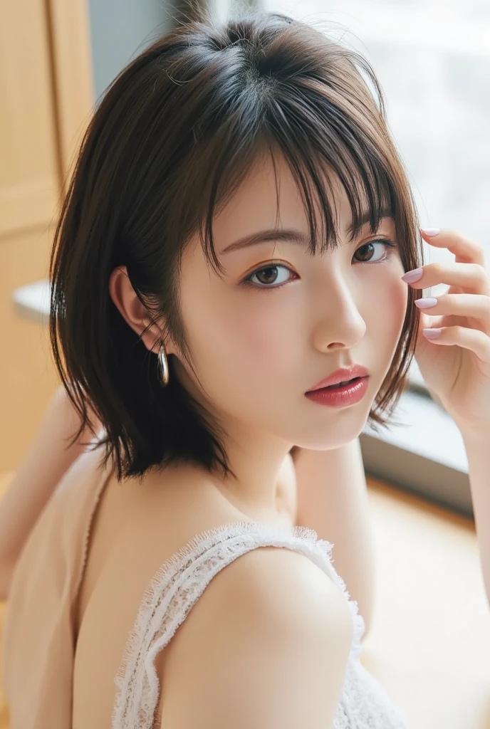((Browsing Caution:1.4, masterpiece, Highest quality, High resolution, 超High resolution, Pixel Perfect, 4K, RTTX10.0, High resolution))), (((One Girl, single, alone, she, Beautiful girls))), (((((short hair、Brown Hair、lure、joy))))), ((Beautiful eyelashes)), ((Detailed face, blush:1.2)),  ((Beautiful and large breasts, Cleavage)), indoor, Bedroom, Dynamic Angle, Big Breasts, Perfect body, Underarm, ((Sleeping in bed, (Sleep on your back:1.5), sleepy, close your eyes, Lying in bed, Sleeping position, Wake up)), ((close, throw, cute, Shoot the body, Sighing expression)), ((pink bra color, Pink Lingerie)), (((Embarrassed expression, Expression of sexual pleasure:1.8))), (Expression of unbearable pain:1.2), The facial expression of a person who is holding back from going to the toilet, twist