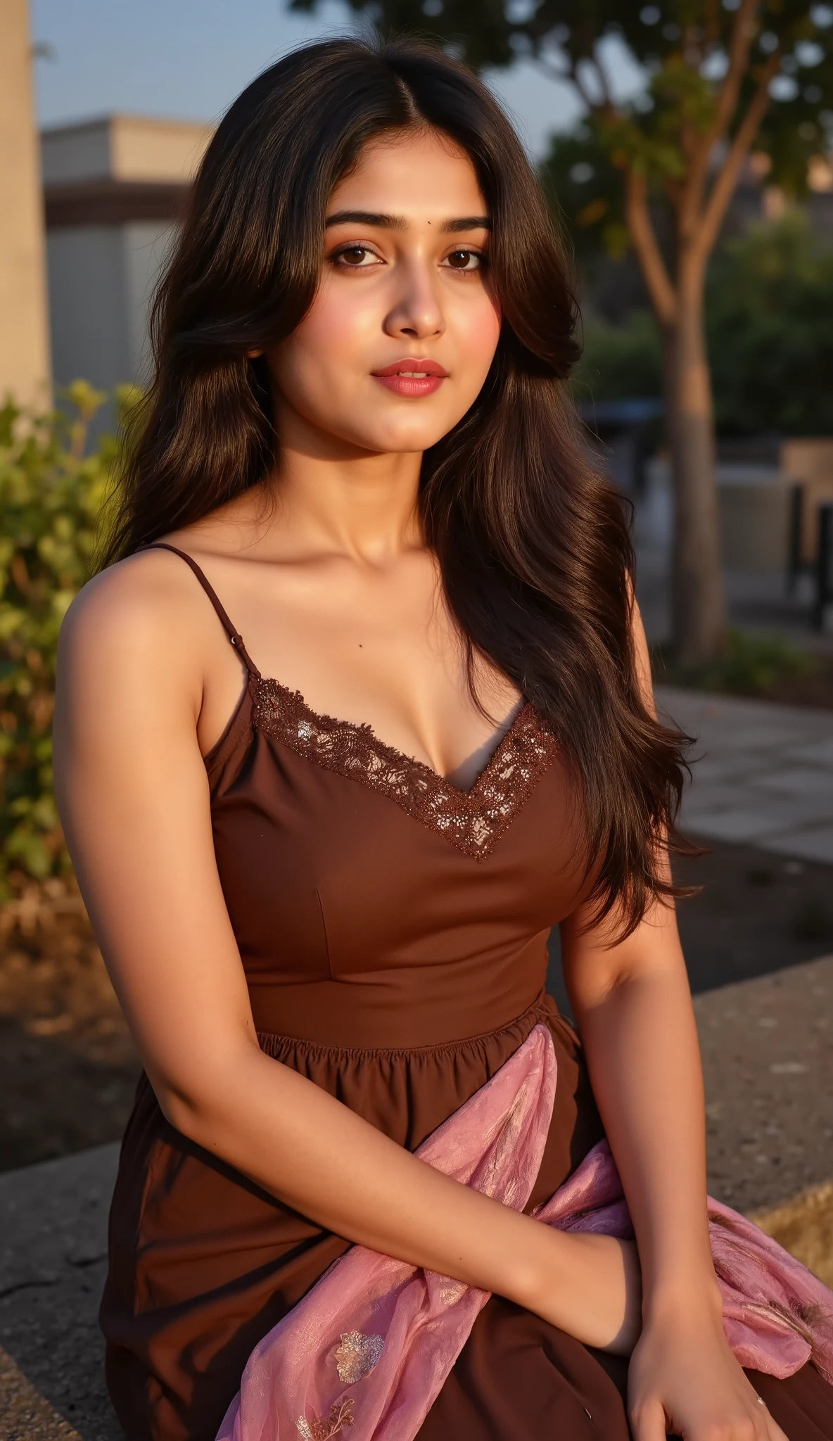 "A beautiful big breast traditional young Indian woman sitting outdoors in natural light, wearing a stylish brown and pink dress with lace detailing on the bodice and a cinched waist. She has long, wavy hair tied back in a high ponytail and is looking gently at the camera with a soft, confident expression. Her makeup is natural, with defined eyebrows and subtle pink lips. She is accessorized with a delicate necklace and a thin bracelet on her wrist. The background features greenery and a stone path, creating a calm and warm atmosphere with soft, golden hour lighting."