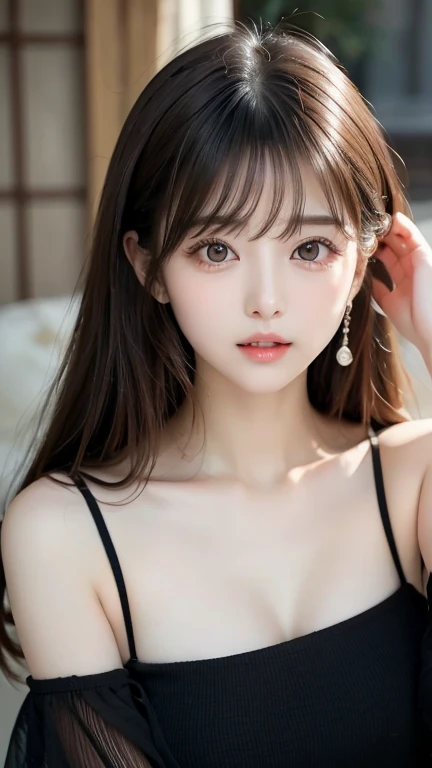 (8k raw photos, highest quality, masterpiece, 8k-UHD), (realistic, photorealistic: 1.37), (anatomically accurate and realistic skin), ultra high resolution, depth of field, film lighting, film grain, very cute 16 year old girl, tips, red eyes, long eyelash, bags under the eyes, cute face, very detailed eyes and hair, skin with beautiful details, happy smile, brown hair, thick bangs, shiny hair, curly, urban, cityscape,