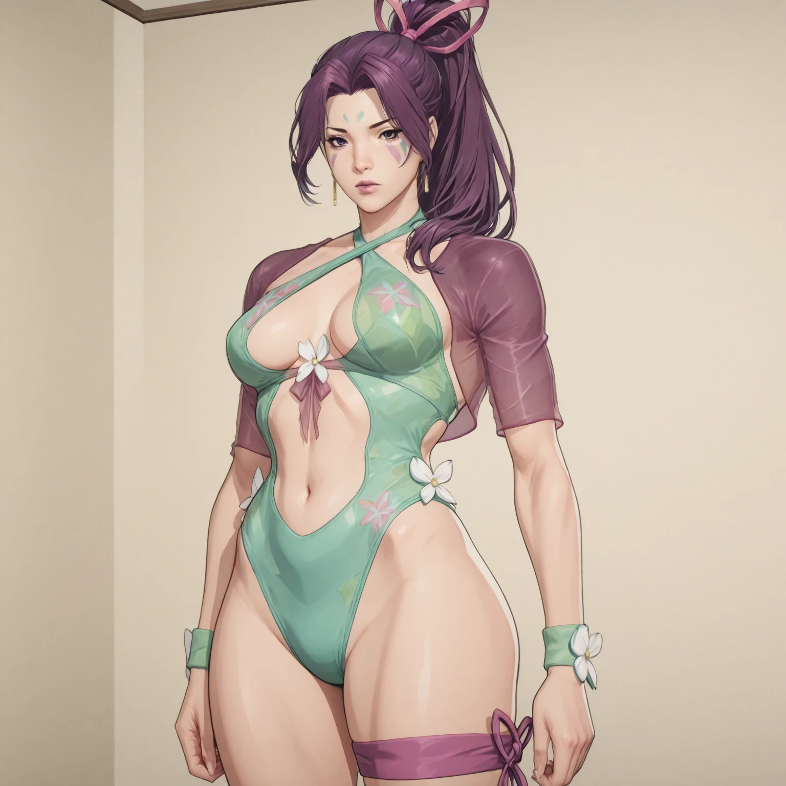 ((Best Quality)), ((Masterpiece)), ((Realistic)) 19 year old, redhead girl, shoulder length hair, relaxed happy face ((slender)) (busty), ((( cheongsam purple one piece swimsuit ))) ((sexy )) corkscrew hairstyle (((detailed character sheet, frontal view, side view, three quarter view))) (((white background))) 6 and a half heads full body