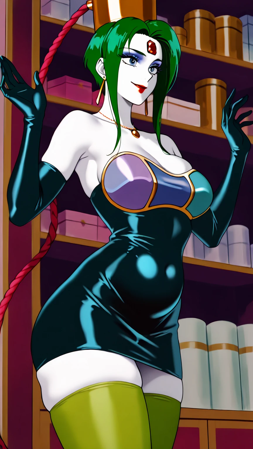 leotard, calm facial exprecion, blue hair, red eye, leotard, big shoulders, sleeves, medium breast, boots, long hair, skirt, smile, half lips stic inferion lip, red lipstic, long hair, messy hair, smile, ong hair, standing solo, full body, boots,, body suit, mini skirt