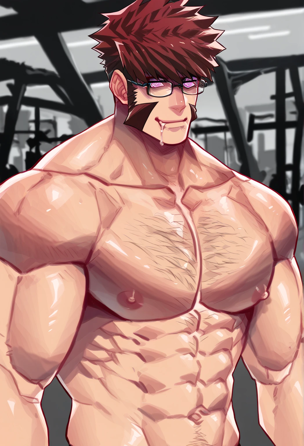 4k, masterpiece, high resolution:1.2, 1 man, solo, 42 year old man, white skin, really tall, bara, muscular!!!, big physique (beast), shirtless, hairy body, crew cut hair, facial hair, chest, big abs, big waist, wide shoulder, biceps, thighs, triceps, butt, black hair, detailed face, devious smile, friendly, posing in the gym, wearing gym shorts, wearing glasses, sweaty body, ultra detailed, flexing his muscle, shredded muscle