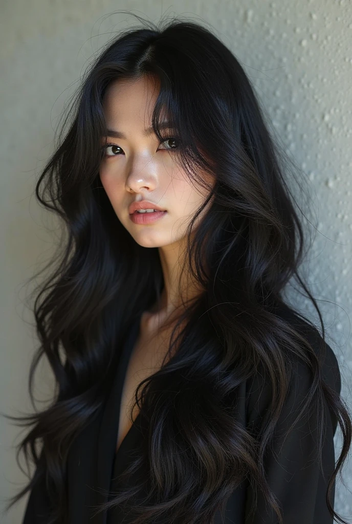 Woman with long, wavy black hair, Brown eyes, dark skin and a friendly expression, estilo kimetsu no yaiba 