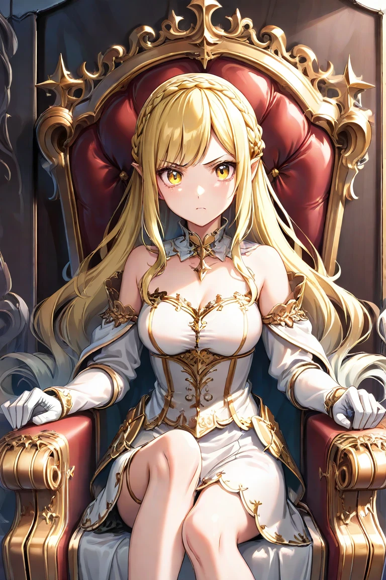 Woman sitting on a queen&#39;s throne, luxurious throne room, royalty clothes. ​masterpiece, beautiful woman, wide breasts, perfectbody. royalty clothes, white dress with gold details, open neckline, sleeveless