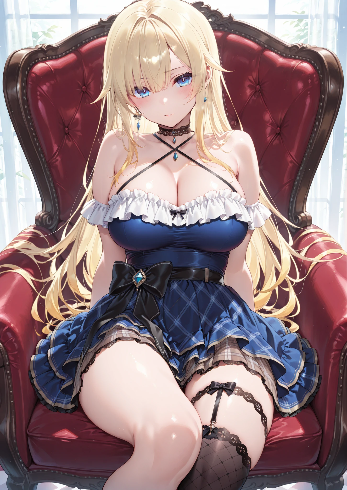 Meisterwerk, best quality, fein detailliert, 1girl, (blond, (Bishoujo), Niedlich, (strahlend blaue Augen), (Wimpern), (Huge breasts), (Dekollete), (Dunkelblauer BH:1.2),(dark blue panties:1.2), auf einem Sofa sitzen, Lampe, Fenster, Nacht, Zarte Innenarchitektur,