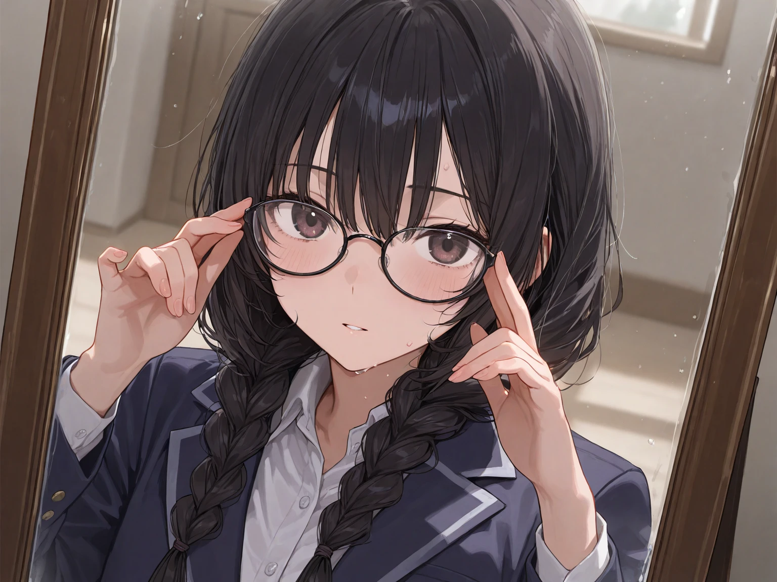 (masterpiece, best quality, ultra-detailed, high resolution, detailed eyes), takeda hiromitsu style, (1mature female), voluptuous body, huge breasts, teacher, makeup, slant eyes, (wide-eyed), black hair up, glasses, navy business suit, pencil skirt, sittng, looking up, pov, thick penis ,(deepthroat:1.2), (boy is grabbing woman's head with both hands), blushing, tears, trembling
