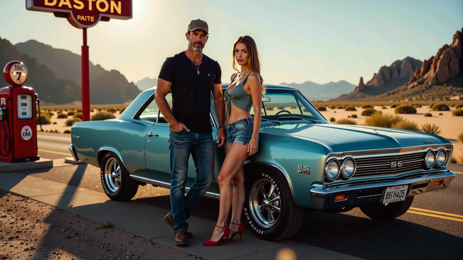 Janine Lindemulder 25 years old and Lothar Matthäus 18 years old, they are resting in sport car, she is wearing a top and jeans and long boots, he is wearing t-shirt and jeans, she has big tits and a big ass, day, street, Madrid, romantic scene