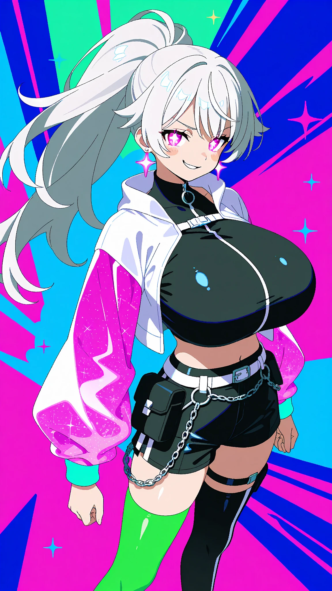 Erotic Anime Illustration、highest quality、Sex Appeal、Main street of the big city、Cynical smile、Graffiti art on the wall、Selling aphrodisiacs、Splatoon、A plump gal who draws graffiti art、Perfect proportions、Very large breasts、Fatty legs、Beautiful, shining eyes、Sweaty、Cowboy Shot、Shibuya Rin