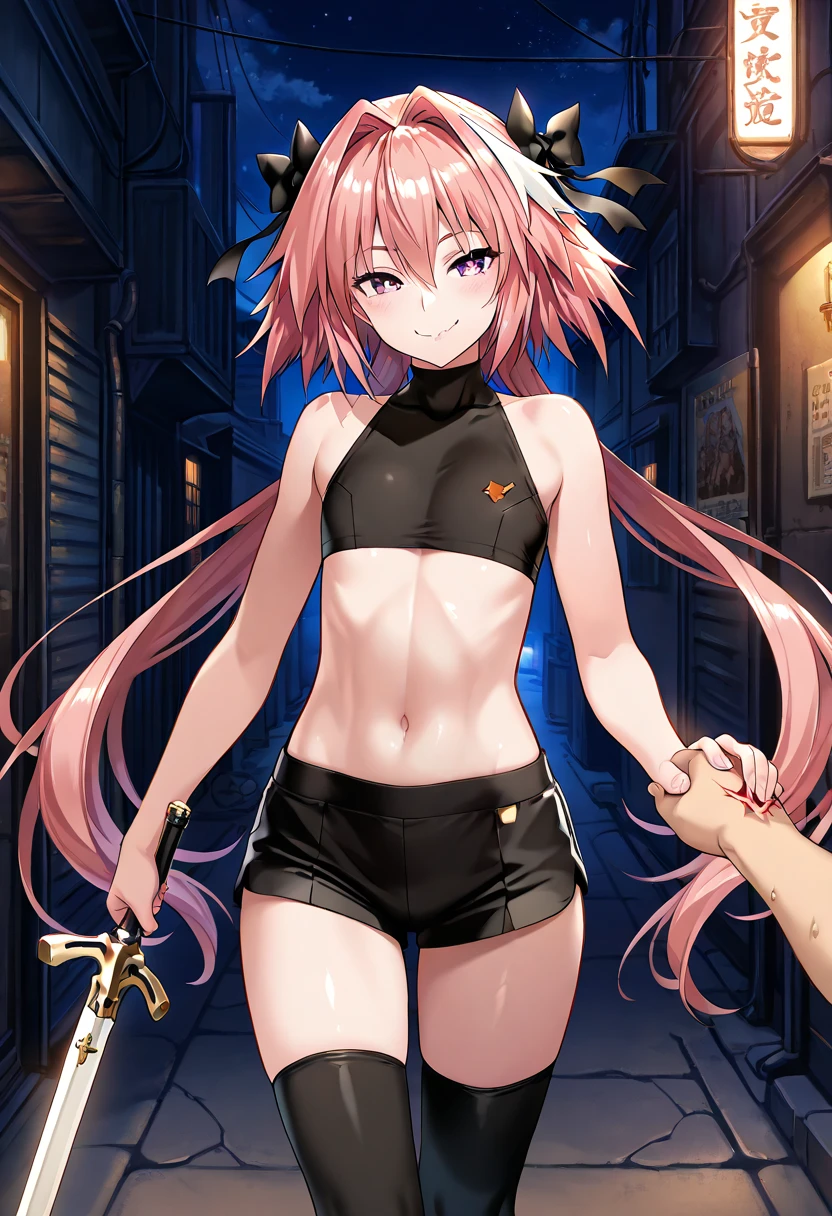 astolfo, Beautiful and slim perfect body, rasgos muy females, cuerpo female sexy muy delgado, flat chest, Pectorals, not breasts, very innocent smile, Girl, bright pink hair, spiky hair, short hair, a long braid, lock of white hair on left side, almost non-existent mini skirt, top that barely goes up the chest, off shoulder top, long fishnet stockings, female, small bulge in panties, Eating an ice-cream, walking down the street